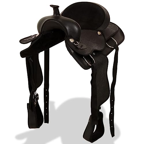Kaloriko Western-Sattel 17 Zoll Schwarz Echtleder mit Halfter und Brustblatt, Robustes Sattelzeug für Reitsport, Outdoor Training und Ausritt, geeignet für Ponys und Pferde