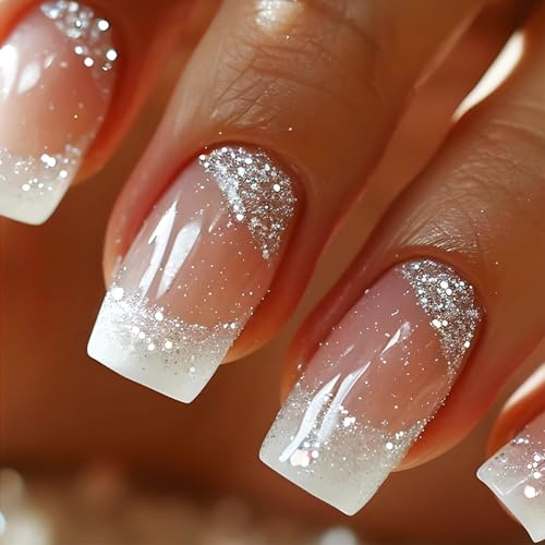 Cosmeria Künstliche Nägel Zum Aufkleben, Silberne Glitzer French Tips, Wiederverwendbare Fashion Fake Nails Set Mit 24 Teilen, Perfekt Für Alltag Und Anlässe