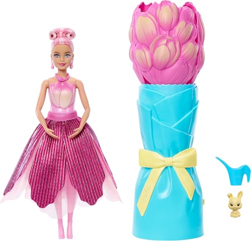 Barbie Duftende Barbie Petal Pop Puppe in rosa Tulpenkleid mit Zubehörteilen, Blumenstrauß-Überraschung mit Häschen und Überraschungen wie Einer Gießkanne, Halskette und Ohrringen, JMF57
