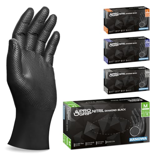 50x PROGRIP Einweghandschuhe Diamant Grip Schwarz, Nitrilhandschuhe M