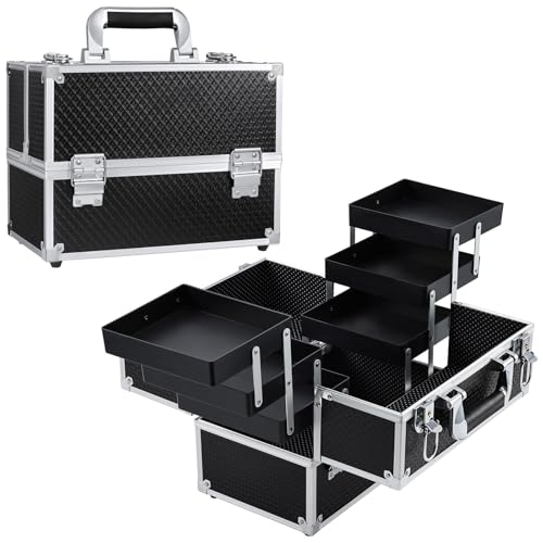 Joligrace Kosmetikkoffer Schminkkoffer, Große Kosmetik Make up Organizer Koffer Aufbewahrung Friseurkoffer Alu Beauty Case, Schwarz