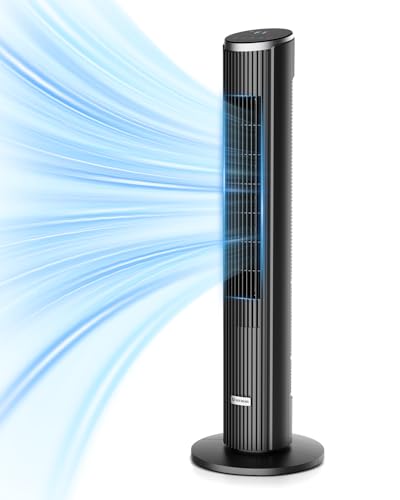 Ateroll Leiser Turmventilator für Schlafzimmer, Standventilator mit Fernbedienung, 90° oszillierend, 4 Geschwindigkeiten 3 Modi 12H Timer LED-Anzeige, 91 cm Elektrischer Kühlventilator, Schwarz