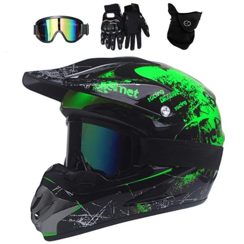 UIGJIOG Motorradhelm,Motocross Helm,Helm Kinder,Helmets Kinder-Cross-Helm, Road Helm mit Handschuhe Maske Brille, ATV Helm,Grün,M(54~55cm)