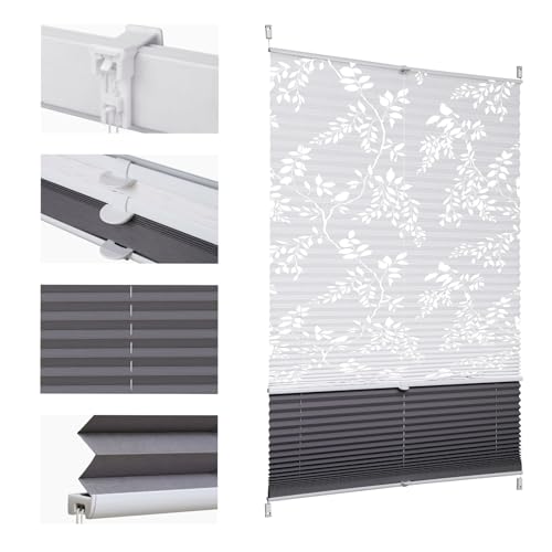 Sekey Plissee Doppelplissee Day+Night Verdunkelung ohne Bohren verspannt Lichtschutz Klemmfix Lichtdurchlässig Ausbrenner-Muster 100x120cm Druck & Grau