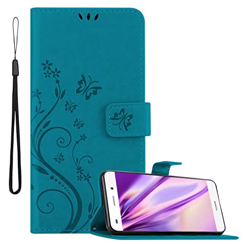 Cadorabo Hülle kompatibel mit Huawei P8 LITE 2015 Blumen Design aus Kunst Leder Flip Klappbare Stoßfeste Magnetische [Standfunktion] [Kartenfächern] Cover Hülle für Huawei P8 LITE 2015 Tasche in Blau