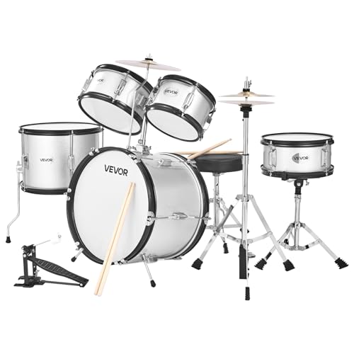 VEVOR Schlagzeug Set, 5-teilig, inkl. 40,6 cm Basstrommel, 254 mm Snare, 20,3 cm & 25,4 cm Tomtoms, 33 cm Standtom, 25,4 cm Crash-Becken & 20,3 cm Hi-Hat, für Kinder von 6–13 Jahren Silber