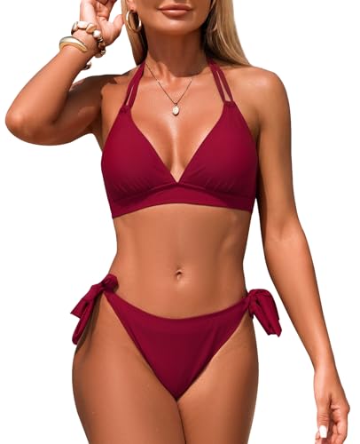 Genfien Damen Bikini Set V Ausschnitt Neckholder Low Waist Schnürung