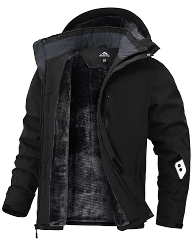 Zoofly Skijacke Herren Winterjacke Fleece Gefüttert Warm Outdoor jacken Thermo Softshelljacke Mann mit Reißverschluss Taschen Schwarz XL