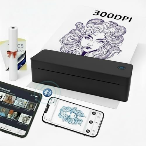 Fuhuihe Tattoo Drucker Übertragungsvorlage Maschine A4 Thermodrucker Bildungsdrucker, Vorlage-Drucker mit 10 Blättern Vorlagenpapier 1 Rolle A4-Etikett-Standardpapier, schwarz