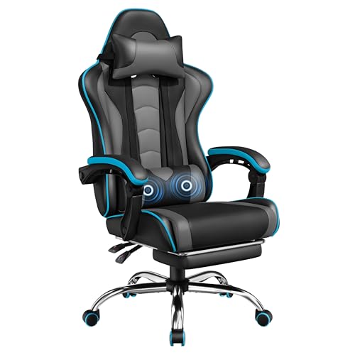 Yaheetech Gaming Stuhl Ergonomischer Gaming Sessel mit Massagefunktion Computerstuhl mit Fußstütze Bürostuhl 90-135° Rückenlehne verstellbar Gamer Stuhl für für Homeoffice und Gaming Schwarz/Grau