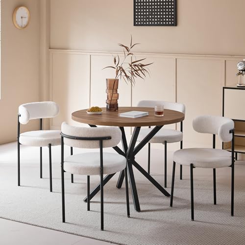 DEYARNA HOME Essgruppe Set Tisch und Stühle, 100cm Runder Esstisch mit 4 Esszimmerstühlen, Tisch und 4 Stühle für Küche, Wohnzimmer, Balkon, Restaurant, Büro (Dunkle Holzfarbe+Weiß)