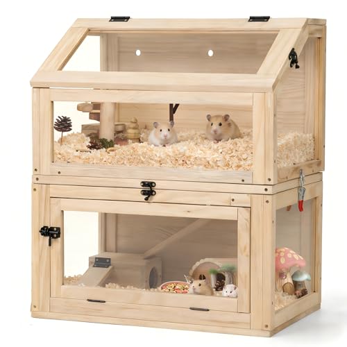 Hamsterkäfig Nagarium Zweistöckig Naturholz mit Acrylglas – Groß 60x40x70cm, Rattenkäfig für Bücherratte, Mehrstöckiger Käfig mit Trennbaren Ebenen & Klapptüren