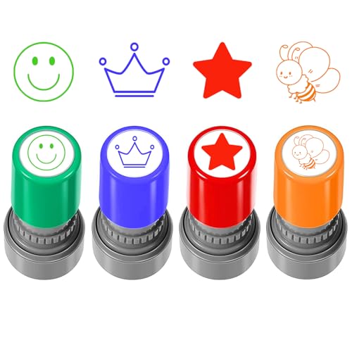 4 Stück Selbstfärbende Lehrer Stempel, Lob Ermutigung Kinder, Lehrer Bewertung Belohnung Motivation Briefmarken, Bunte Cartoon Stempel Lob Siegel Ermutigung, Belohnungsstempel Set