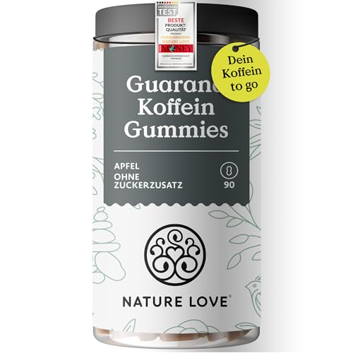 NATURE LOVE® Guarana Koffein Gummies – 90 Stück – ohne Zuckerzusatz – 45mg Koffein pro Tagesdosis – Gummies als Alternative zu Kaffee, Energydrinks und Koffeintabletten – vegan und laborgeprüft