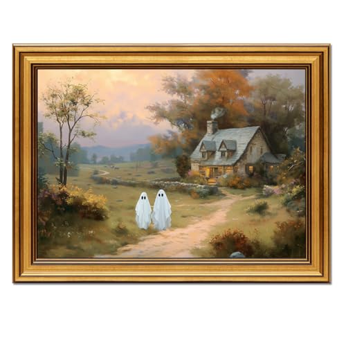 ARPEOTCY Vintage Leinwand Bilder, Halloween Landhaus mit Geist Wandbilder