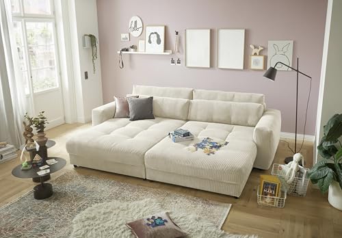 Big Sofa BARURA Cord cream – XXL Couch mit großer Liegefläche, modernes Sofa 292x194 cm inklusive Nierenkissen