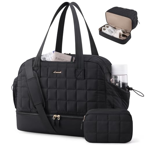 LOVEVOOK Reisetasche Damen 35L, Leichte Puffer Weekender Travel Bag Kliniktasche Geburt, Wasserdicht Sporttasche Gym Bag mit Schuhfach & Nassfach, Handgepäck Tasche für Flugzeug Reise Urlaub, Schwarz