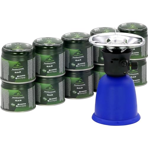 CAMPLORA Gaskocher mit 10 Gaskartuschen und Piezozündung für Stechgaskartuschen 190g EN417, Camping kocher gas, Campingkocher mit Gaskartusche 1 flammig mini gas stove, Gaskocher, Gasherd,stove