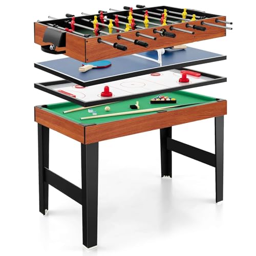 COSTWAY Multi Spieltisch, 4 in 1 Tischkicker mit Billard, Airhockey, Tischtennis, Multifunktionstisch Tischfußball mit Zubehör, Kickertisch für Spielzimmer, Party, Bars, 125 x 97 x 83 cm (Natur)
