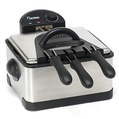 Bestron XL Öl-Fritteuse mit 3 Frittierkörben, inkl. Kaltzonentechnologie & herausnehmbaren Ölbehälter, 4 Liter, spülmaschinengeeignet, 2000 W, Edelstahl, Farbe: silber