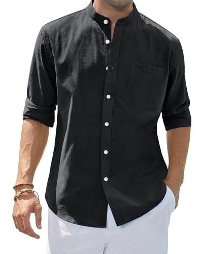 siliteelon Leinenhemd Herren Langarm Stehkragen Hemd für Männer Sommer Regular Fit Leicht Freizeithemd Atmungsaktiv Reise Strand Party Schwarz L