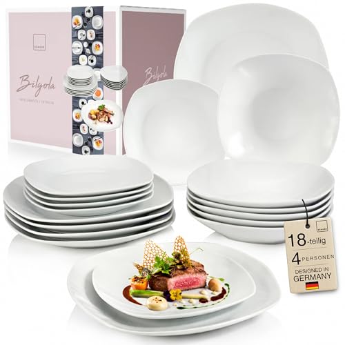 SÄNGER | Tafelservice Bilgola Weiß, 18-teiliges Geschirrset für 6 Personen mit Suppen-, Dessert-, & flachen Tellern aus Porzellan | PREMIUM COLLECTION