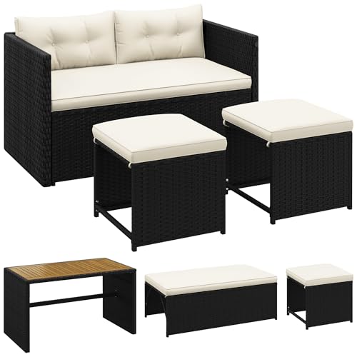 Yaheetech 2in1 Polyrattan Gartenmöbel Set inkl. Tisch & Gartenlounge Sofa & Gartenhocker, Balkonmöbel Sitzgruppe Outdoor Lounge für Balkon Garten Terrasse, Schwarz & Beige