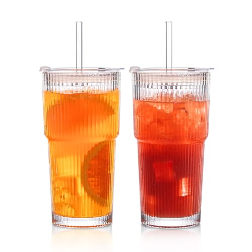 INSETLAN 2 Stück 600ml Gerippte Glasbecher mit Deckel und Strohhalm, dickwandige und robuste Smoothie Becher aus hochwertigem Glas, luftdichtes und wasserdichtes Design, ideal als Kaffee