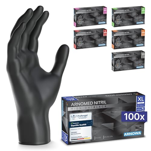 ARNOMED Einweghandschuhe 100 Stück/Box, XL, Schwarze Einmalhandschuhe, puderfreie & latexfreie Nitrilhandschuhe, Handschuhe in Gr. S, M, L & XL