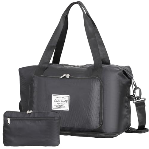 QIZENME Sporttasche Reisetasche, Zusammenklappbare Kabinentasche 45x36x20 Handgepäck, Erweiterbare & wasserdichte Übernachtungstasche mit Schuhfach für Sport & Reisen, Schwarz