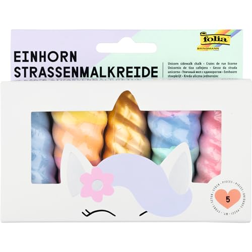 folia 380509 - Einhorn Straßenmalkreide für Kinder, 5 Stück in Regenbogenfarben, Unicorn Kreide im Horn-Design