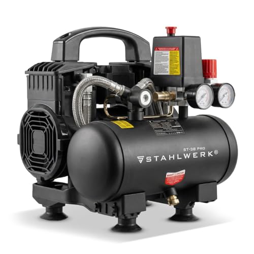 STAHLWERK Kompressor mit 3 L Tank (ST-38 Pro) – ölfrei & leise, 8 bar, 1,6 PS (1,18 kW), 190 l/min, 67 dB, Druckluftkompressor mit Brushless-Motoren, Silent-/Flüsterkompressor, Kolbenkompressor