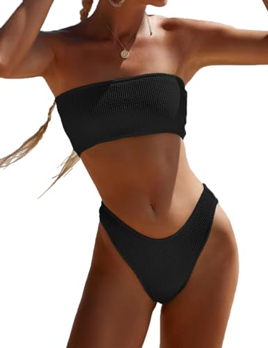 YIMISAN Zweiteiliger Bandeau-Badeanzug für Damen, gerippt, trägerlos, Schlauch-Bikinioberteil mit mittlerer Taille, freches Unterteil, Schwarz, Medium