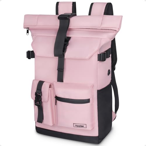 Yooler Rolltop Rucksack Herren, 27L Groß Rucksack Damen, Schulrucksack mit Laptopfach 17 Zoll, Reiserucksack Wanderrucksack für Business Arbeit Uni Reise Freizeit (Rosa)