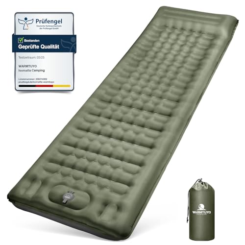 Isomatte Camping, 12CM Verdicktes Aufblasbare Matratze Kleines Packmaß, Wasserdicht Luftmatratze Outdoor mit Fußpressepumpe und Kissen, Anti-Ripstop Schlafmatte für Wandern und Outdoor - Armeegrün
