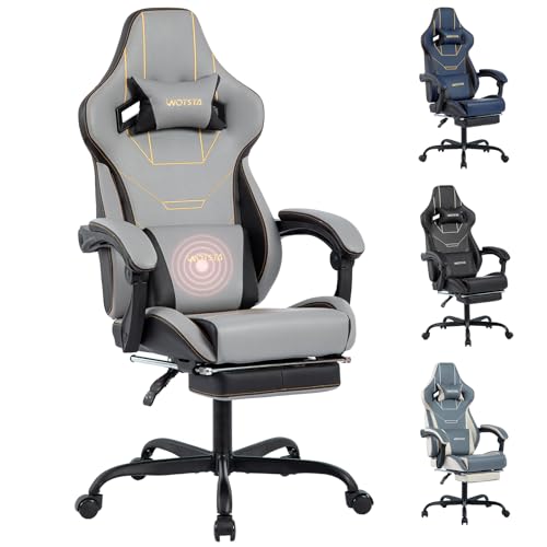 WOTSTA Gaming Stuhl Ergonomisch Gaming Chair Bürostuhl mit Fußstütze Racing Computerstuhl Höhenverstellbar Gepolstert Computerstuhl Lendenwirbelstütze Grauschwarz