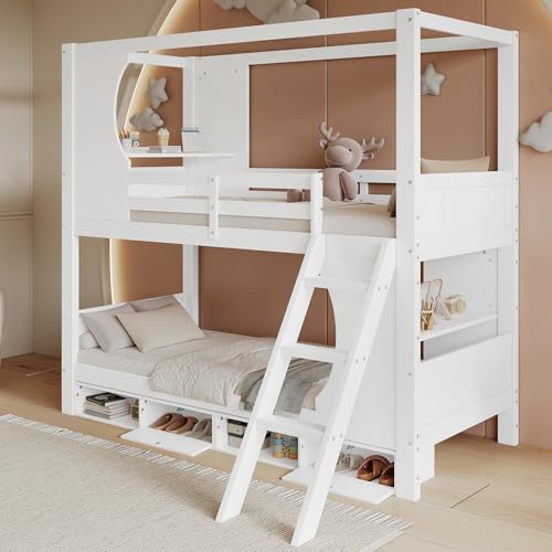 Mrwoo Kinderbett Hochbett 90x200 cm, Etagenbett mit Tisch und Reichlich Stauraum, Treppe und Rausfallschutz Geländer, Geeignet für Kinder und Jugendliche, Weiß (Ohne Matratze)
