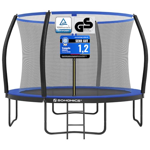 SONGMICS Trampolin 305 cm d, Gartentrampolin für Kinder mit Sicherheitsnetz, 180 cm hohe gebogene Stangen, Randabdeckung, Leiter, Stahlrahmen, schwarz-blau STR10BK