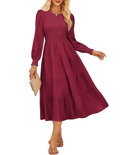 GRACE KARIN Damen Sommer Klied Rundhals Ausschnitt Elastischer Langarm Hochzeitsgast Boho Maxikleid CL145-03/Rotwein L