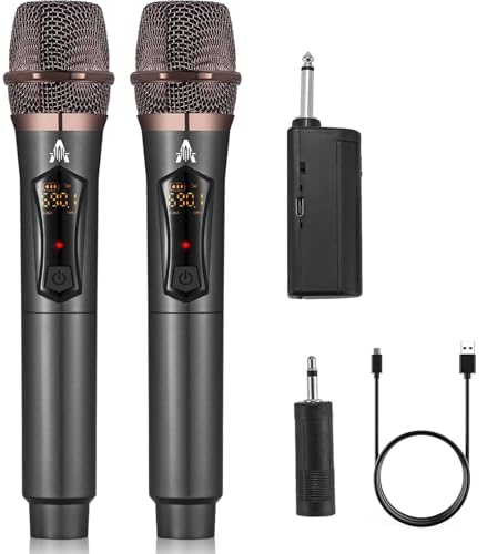 ALPOWL Kabelloses Mikrofon, Professionelles kabelloses Dual-Mikrofon, kabelloses Mikrofonsystem für Karaoke, Wiederaufladbarer Empfänger für Sprachverstärker für Hochzeit. (WXM-B, Black)