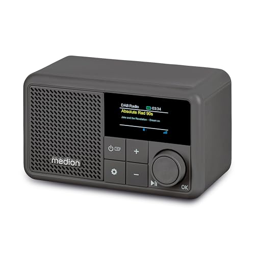 MEDION S66822 Tragbares Mini DAB+ Radio mit Bluetooth (Akku mit bis zu 6,5 Stunden, klein, dimmbares Farbdisplay, Teleskopantenne, Sleeptimer, Wecker, Snooze, AUX, USB-C) grau