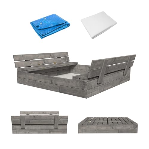 MAMOI Sandkasten mit Deckel 120x120 Sandbox Imprägniert Sandkiste mit Sitzbänken Holz Spielzeug Abdeckung Sitzbänken 150x150 (DUNKELGRAU)