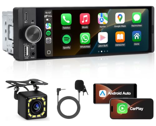 1 DIN Autoradio mit Wireless CarPlay & Android Auto, Auto Radio mit Bildschirm, GPS Navigation, FM, Bluetooth, Freisprecheinrichtung, Lenkradsteuerung, EQ, MirrorLink, AUX (6,36 Zoll & Rückfahrkamera)