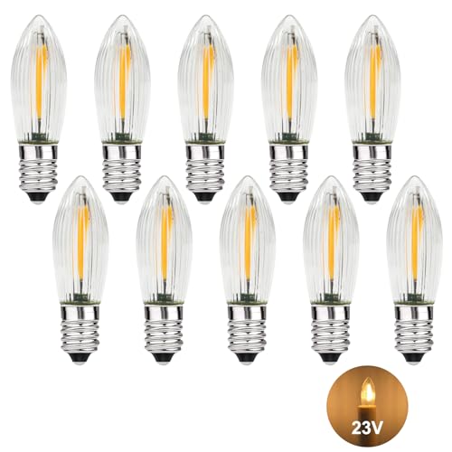 MZYOYO 10 Stück E10 LED Glühbirne,AC 23V Spitzkerzen Birnen für Schwibbogen,E10 LED Kerzen für Schwibbogen,Schwibbogen LED Kerzen 2100K Warmweiß,Ersatzbirnen Lichterkette für Weihnachtsbaum,0,2W,3LM