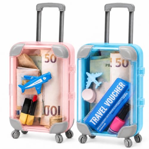 2er Mini Koffer Geschenkbox für Geldgeschenke, Reisekasse & Reisegutschein | Wiederverwendbare Geschenkverpackung für Reise & Urlaub, Geburtstag & Hochzeit, mit Rollen & Teleskopgriff, Pink + Blau