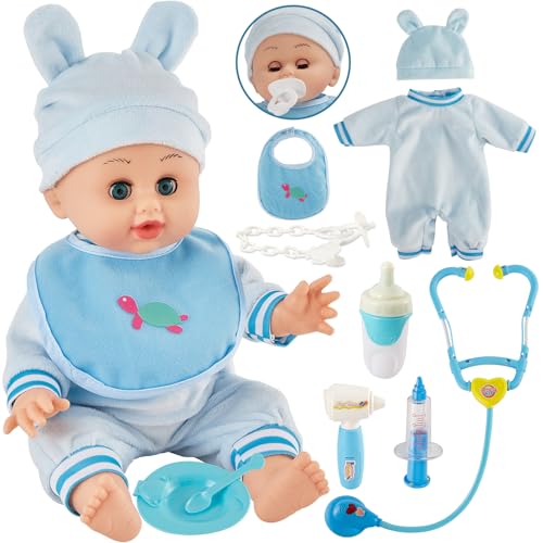 HERSITY Babypuppen Spielzeug mit 12 Ton, Sprechende Babypuppe Kinder Automatisches Öffnen und Schließen Augen, Doktorkoffer Zubehör Lernspielzeug Rollenspiele Geschenk 2 3 Jährige Mädchen