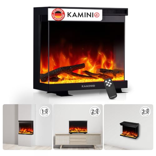 KAMINIO Elektrokamin LEA - Elektrischer 3-in-1 Kamin mit Panoramaview, Heizung, 3D-Flammeneffekt, 12 Flammenfarben, Fernbedienung (24 Zoll)