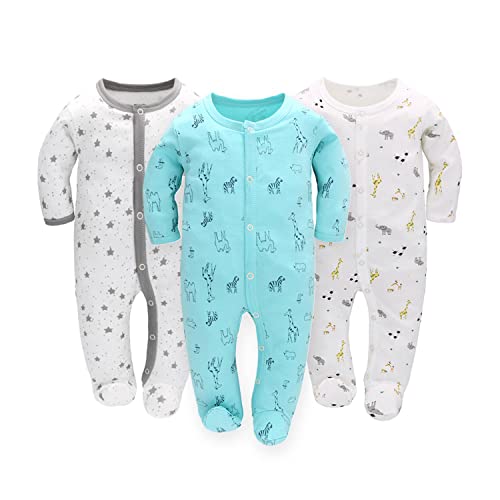 amo nenes Schlafstrampler Baby Jungen Overall 3er Pack Unisex Pyjamas Baumwolle Strampler Jumpsuits Langarm Spieler Babykleidung mit 0-7 Monate