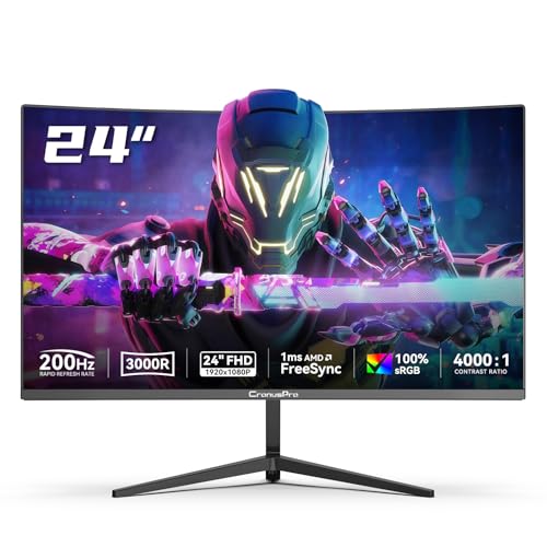 CronusPro 24 Zoll Curved Gaming Monitor, 200Hz, FHD 1920 x 1080, 1 ms MPRT, 3000R, VA Panel, 16:9, AMD FreeSync, sRGB 100 %, HDR, Eye Care, HDMI/DisplayPort, VESA Mount 75*75mm, PC Bildschirm Schwarz