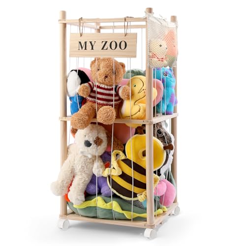 khlerox Massivholz Kuscheltier Aufbewahrung mit 360° Rollen & Bremse – inkl. Baumwollnetz, Plüschtier Organizer für Kinderzimmer, Spielzimmer & Wohnzimmer(Burlywood, klein)